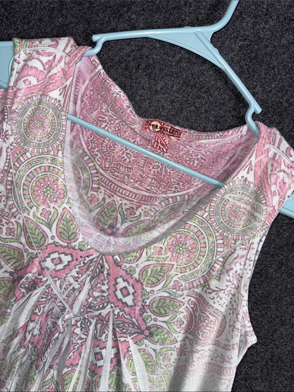 One World Live and Let Live Pink Green Paisley Medallion Rhinestone Tank Top M